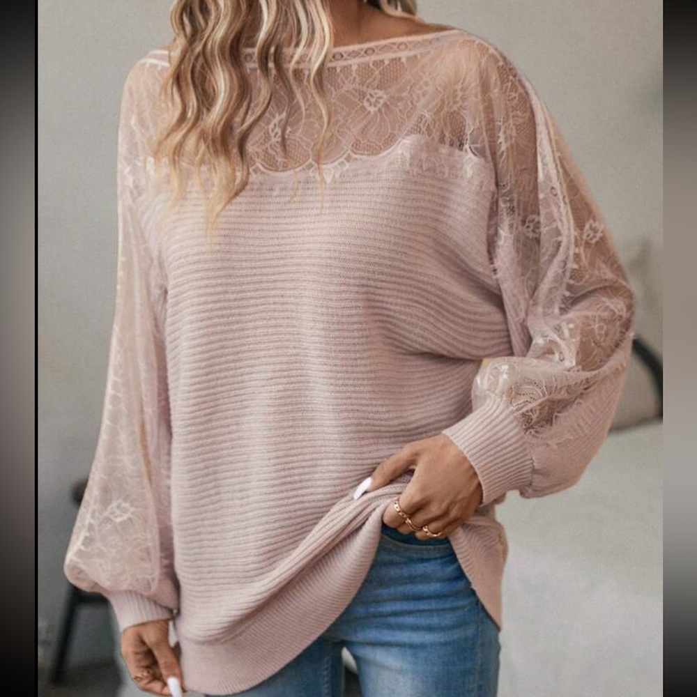Cozy Contrast Lace Asymmetrical Boat Neck Batwing Sleeve Sweater Top - Picture 5 of 7